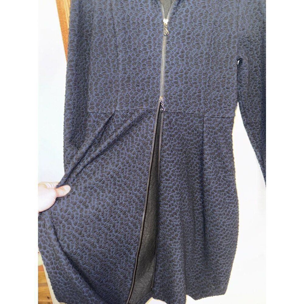 Samuel Dong Black and Navy Cheetah‎ Print Collared Dbl Zipper Coat Dress SZ Lg - Picture 14 of 16